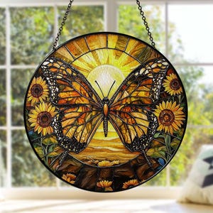 Butterfly Stained Glass Window Hanging With Sunflowers, Monarch Sun Catcher Hanging, Nature Glass Decor, Vibrant Glass Art Gift For Mom