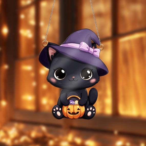 Black Cat Acrylic Window Hanging - Halloween Decor With Witch Hat