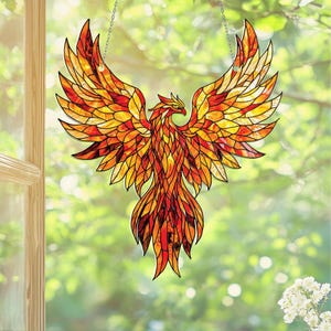 Sunfire Phoenix Acrylic Window Hanging, Fire Bird Home Decor, Yellow Orange Fantasy Ornament, Phoenix Window Hanging Gift