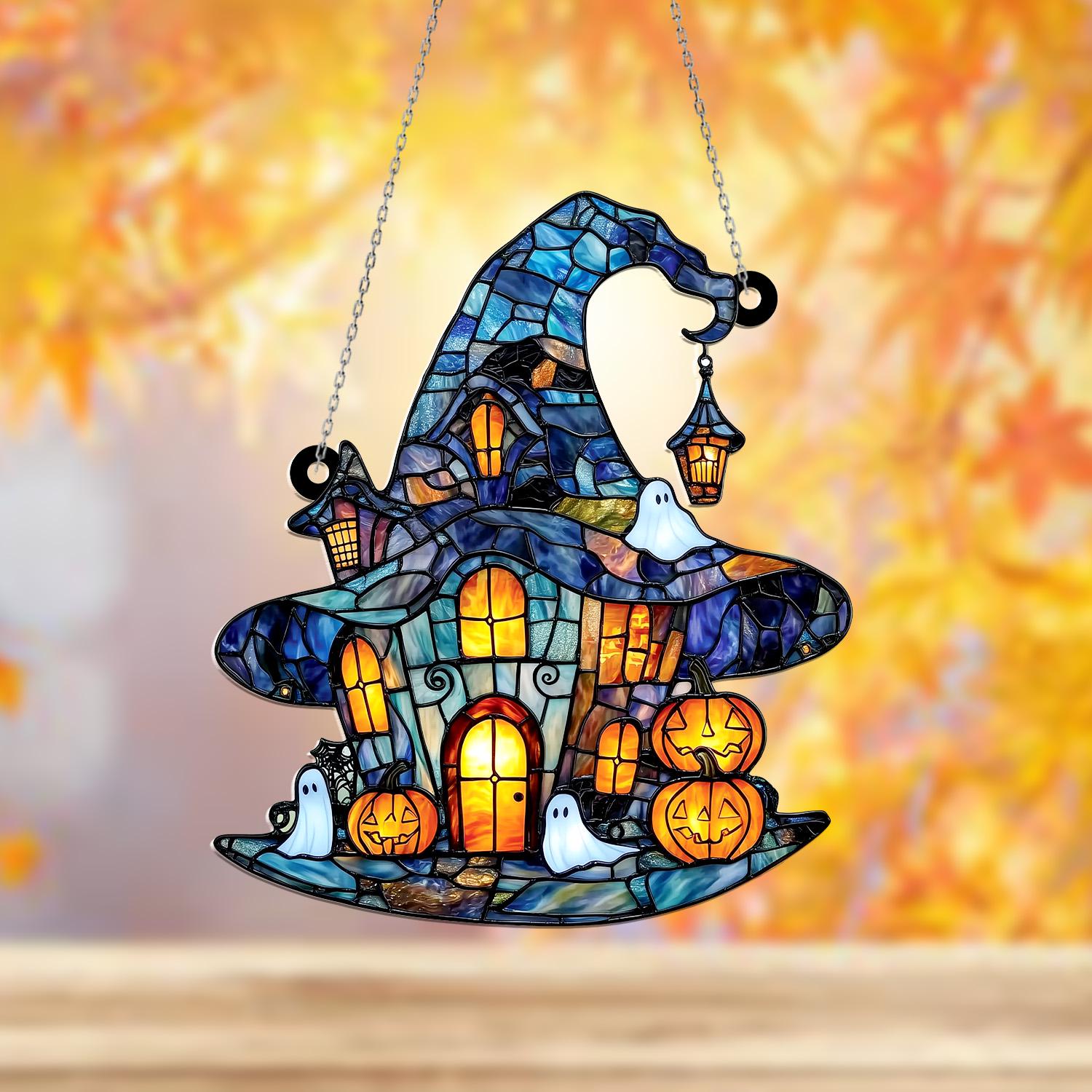 魔女の帽子の家 アクリル製 窓飾り カボチャと幽霊の不気味な