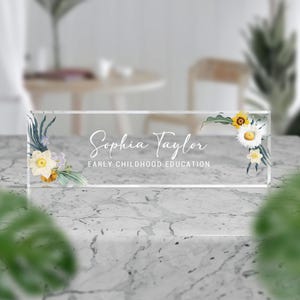 Personalized Acrylic Floral Desk Name Plate, Acrylic Name Plate for Desk, Custom Teacher Name Sign, Early Childhood Education Gift