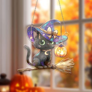 Cute Halloween Black Cat Window Hanging, Witch Cat on Broom with Pumpkin Lantern, Acrylic Halloween Decor, Fall Cat Ornament for Window