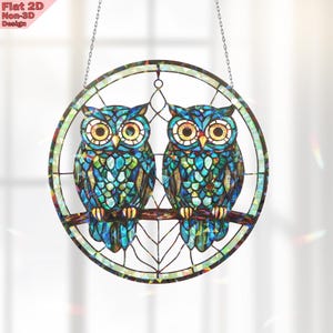 Acrylic 2D Flat Owl Couple Ornament, Broken Glass Hologram Window Hanging, Dreamcatcher Sun Light Catcher, Nature Decor, Gift for Owl Lovers