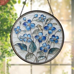 Blue Wildflower Stained Glass Suncatcher, Floral Window Hanging, Elegant Forget Me Not Wall Art, Nature-Inspired Decor, Flower Gift