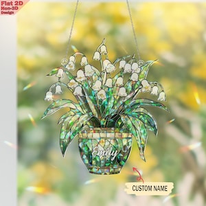 Acrylic 2D Flat Custom Name Lily of the Valley Window Hanging Ornament, Broken Glass Hologram, Personalized Floral Gift, Nature Lover Decor