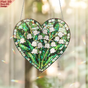 Acrylic 2D Flat Lily of the Valley Heart Window Hanging Ornament, Broken Glass Hologram, Floral Home Decor, Nature Lover Gift, Spring Accent