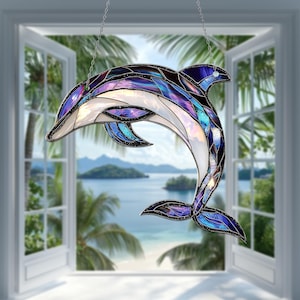 Acrylic Dolphin Window Hanging, Ocean Marine Animal Decor, Iridescent Dolphin Ornament, Hanging Gift for Beach Lover, Summer Window Art
