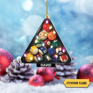 Enfeite de luzes de Natal de bilhar 2D Ornamento de acrílico Presente para jogador de bilhar, ornamento de nome personalizado, presente para jogador de bilhar