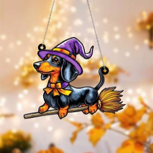Witch Dachshund Acrylic Window Hanging, Halloween Dog on Broom Decor, Cute Sausage Dog Ornament, Funny Spooky Pet Gift for Dog Lovers