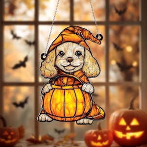 Halloween Puppy Acrylic Window Hanging, Cute Dog in Witch Hat with Pumpkin Bucket, Fall Decor for Autumn Pet Lovers and Trick or Treat