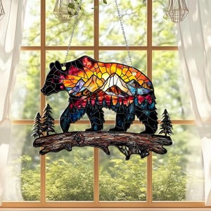 Bear Mountain Acrylic Window Hanging Sunset Forest Decor, Nature Lover Gift, Rustic Cabin Art, Window Hanging Wildlife Woodland