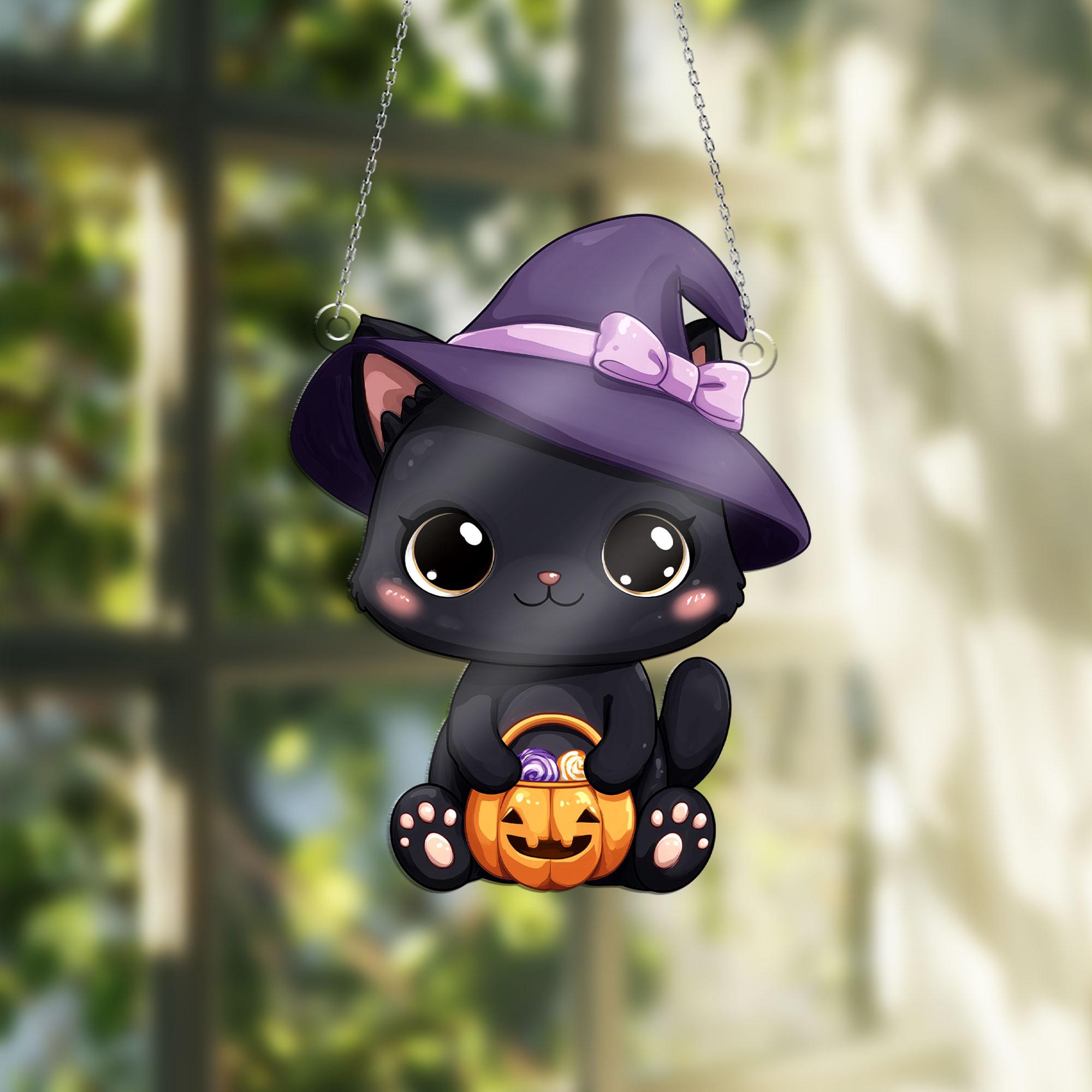 Black Cat Acrylic Window Hanging - Halloween Decor With Witch Hat