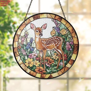 Fawn Stained Glass Suncatcher, Floral Garden Window Hanging, Nature-Inspired Deer Decor, Elegant Deer Decoration, Wildlife Art, Mothers Day