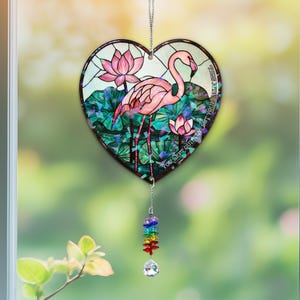 Pink Flamingo Heart Hologram Window Hanging, Memorial Crystal Charm Suncatcher, You Left Quietly Quote, Remembrance Decor,Flamingo Hanging