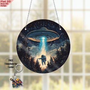 Acrylic 2D Flat Astronaut UFO Window Hanging, Space-Themed Car Ornament, Cosmic Home Decor, Gift for Sci-Fi Enthusiasts, Free Keychain