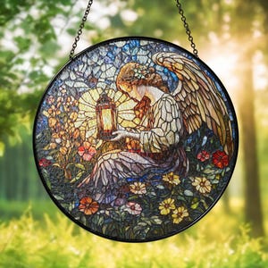 Guardian Angel Stained Glass Window Hanging - Spiritual Suncatcher, Memorial Gift, Heavenly Angel Decor, Religious Art, Birthday Gift