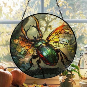 Stag Beetle Stained Glass Window Hanging, Gothic Insect Decor, Creepy Cute Halloween Glass Art, Bug Hanging Gift, Nature Terrarium Style
