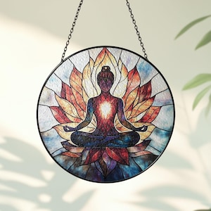 Boeddha glas-in-lood suncatcher, chakra meditatie muur decor, spirituele zonnevanger, helende energie, yoga cadeau, kleurrijke raamdecoratie