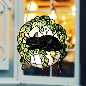 Sleeping Cat Acrylic Window Hanging, Cozy Plant Pot Cat Decor, Nature Inspired Cat Suncatcher, Cute Window Ornament Gift for Cat Lovers