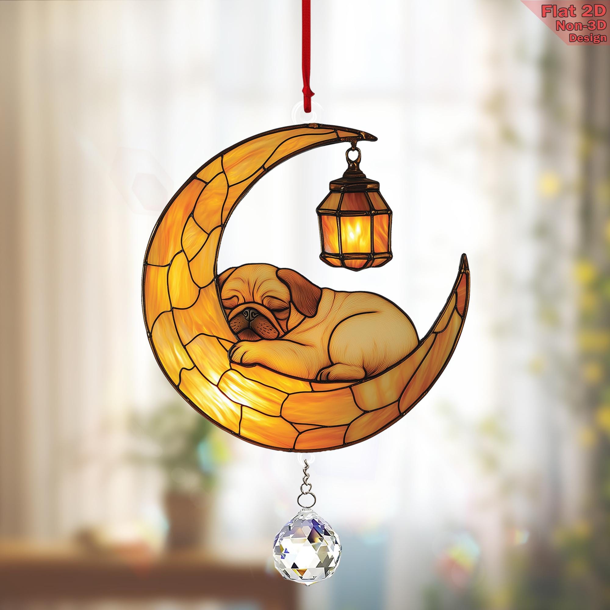 Pug Dog Crescent Moon Acrylic 2D Flat Charm Ornament, Puppy Window Hanging, Pet Lover Gift, Sleeping Dog Crystal Suncatcher, Mothers Day