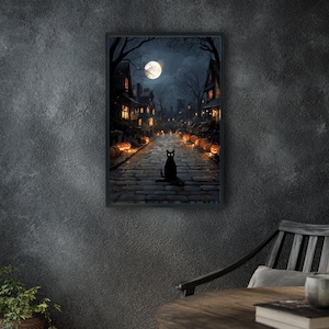 Black Cat Halloween Poster Print, Full Moon Pumpkin Street Wall Art Print, Spooky Fall Decor, Witchy Gothic Home Art, Cat Lover Gift