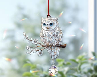 Owl Acrylic 2D Flat Crystal Suncatcher, Spring Flower Art, Whimsical Bird Charm Ornament, Nature-Inspired Car Decor, Animal Lovers Gift