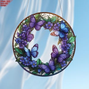 Purple Blue Butterfly Acrylic Window Hanging, Flat 2D Floral Wreath Ornament, Garden Decor, Nature Lover Gift, Spring Wall Art, Mothers Day