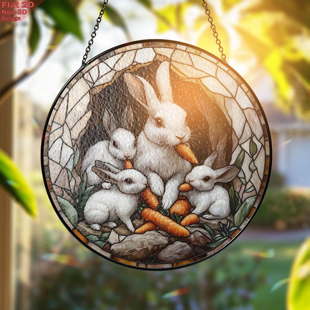 Rabbit Family Stained Glass Suncatcher, Rabbit Burrow Window Hanging ...