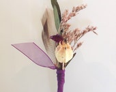 Rustic - Purples and feather Boutonnière
