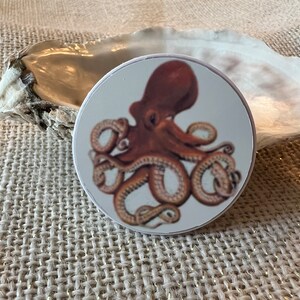 May include: A round, white pop-up phone grip featuring a detailed illustration of a brown octopus. The octopus has multiple tentacles and is centered on the grip. The grip is displayed on a textured, neutral-colored surface.