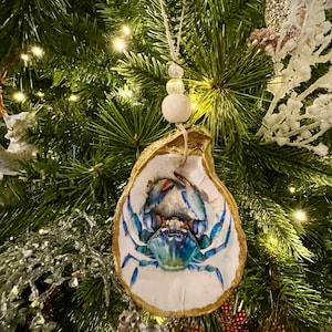 Blue Crab Oyster Shell Ornament, Handmade & Unique