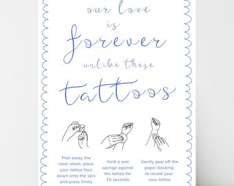 Temporary Tattoo Instructions Wedding Sign | Digital Printable Download Template | Simple Blue White | Weddings Engagements | Print at Home