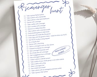 Hens Bachelorette Party Scavenger Hunt | Bridal Party Games | Printable PDF Template | Blue Cute Modern Bow