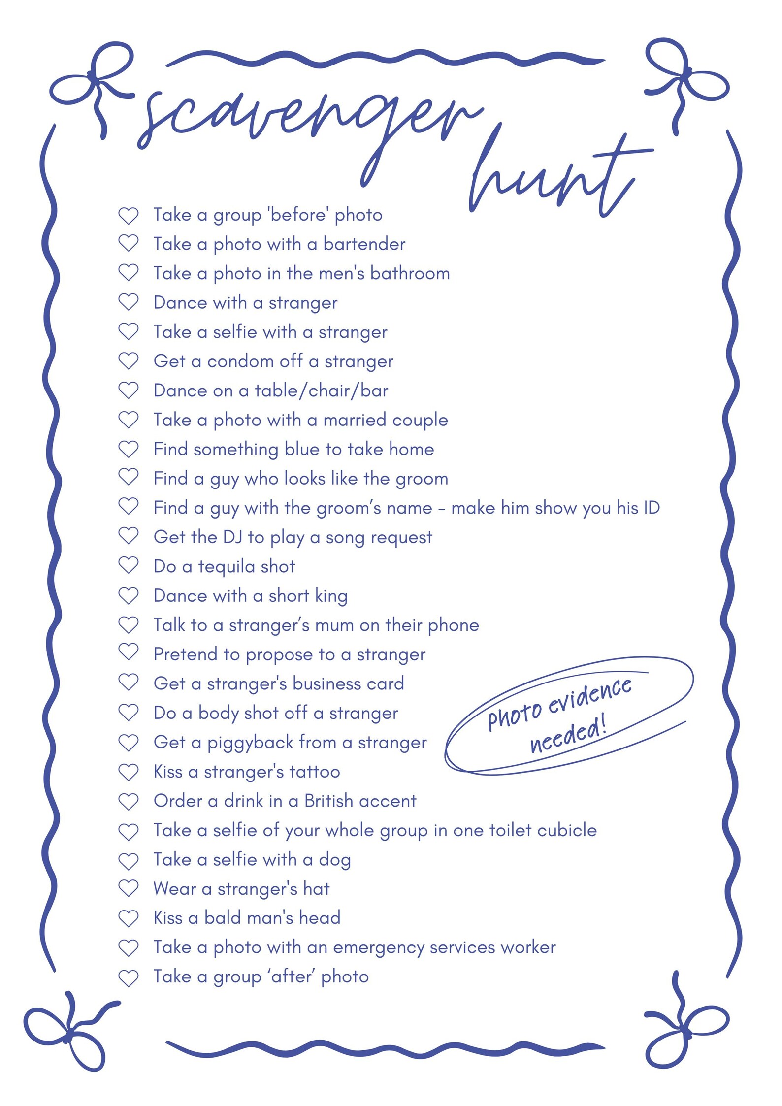 Hens Bachelorette Party Scavenger Hunt Bridal Party Games Printable