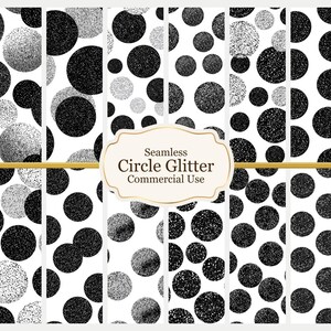 May include: A collection of seamless patterns featuring black and silver glitter circles on a white background. The circles vary in size and density, creating a textured effect. The patterns are suitable for commercial use.