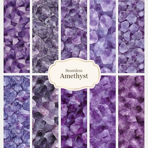 Può includere: Una collezione di motivi di ametista senza cuciture in varie tonalità di viola. L'immagine presenta diversi pannelli rettangolari che mostrano le strutture cristalline della gemma. Un'etichetta bordata d'oro recita "Seamless Amethyst".
