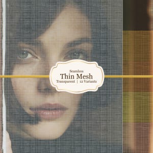 Peut inclure: Gros plan sur le visage d'une femme partiellement voilé par un fin maillage gris et sans couture. Le texte indique "Seamless Thin Mesh Transparent | 12 Variants". L'arrière-plan présente des rayures verticales brunes et vertes.