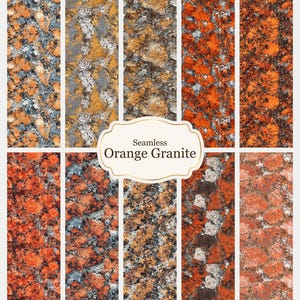 Op de afbeelding: Een verzameling naadloze oranje granietpatronen. De afbeelding toont verschillende rechthoekige stalen met verschillende tinten oranje, grijs en bruin. De tekst "Seamless Orange Granite" wordt weergegeven in een decoratief kader.
