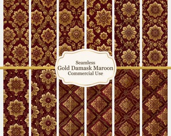 Maroon Gold Damask Dollhouse Wallpaper | Victorian Ornamental Seamless Pattern (Digital Download)