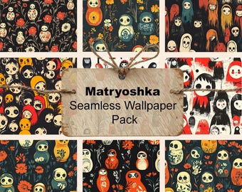 Creepy Matryoshka Seamless Dollhouse Digital Wallpaper / Carta da parati sovietica / Modello di bambola nidificante / 300 DPI / Download immediato