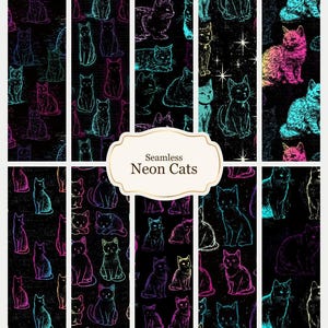 Könnte beinhalten: Eine Sammlung nahtloser Muster mit Neon-Katzen-Illustrationen auf schwarzem Hintergrund. Die Katzen sind in leuchtenden Farben wie Pink, Blau und Grün dargestellt. Der Text "Seamless Neon Cats" befindet sich in einem dekorativen Rahmen.