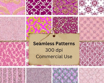 Pink Ornate Fancy Wallpaper For 1:12 Dollhouses Pattern Paper Digital Bundle | Wallpaper Art Set of 18 Files | 300 DPI Tile Download