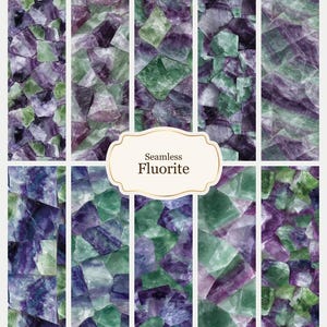 May include: A selection of seamless fluorite patterns in purple, green, and white. The image shows different arrangements of the stone, with the text "Seamless Fluorite" in a decorative frame. These patterns are suitable for various design applications.