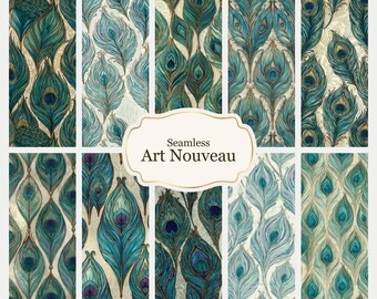 Art Nouveau Peacock Feather Dollhouse Wallpaper | Botanical 1:12 Scale Miniature Tiles (Digital Download)