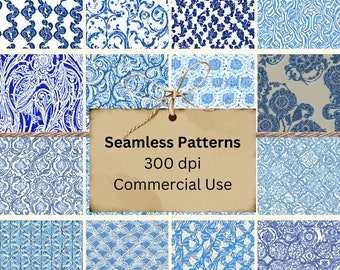 Sfondo blu decorato fantasia per pacchetto digitale di carta modello case delle bambole 1:12 / Set di sfondi artistici di 18 file / Download di piastrelle 300 DPI