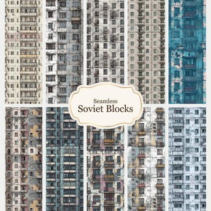 Può includere: Una collezione di motivi senza cuciture con edifici di appartamenti usurati dell'era sovietica. Gli edifici hanno più finestre e balconi, con una tavolozza di colori sbiaditi tra cui beige, grigio e blu. Il testo "Seamless Soviet Blocks" è visualizzato.