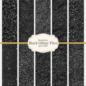 Puede incluir: Una colección de baldosas de purpurina negra sin costuras con diferentes texturas. La imagen presenta varios paneles verticales que muestran diferentes patrones de purpurina, con la etiqueta "Seamless Black Glitter Tiles 300 DPI".