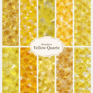May include: A collection of seamless patterns featuring various shades of yellow quartz. The designs showcase a range of textures and tones, from pale yellow to golden hues, with a mix of crystalline and opaque appearances. The text "Seamless Yellow Quartz" is displayed.
