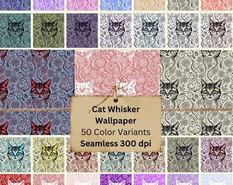 Pacchetto di sfondi Cat Whiskers Paisley / 50 disegni senza soluzione di continuità / Download di carta digitale per case delle bambole e modelli in scala