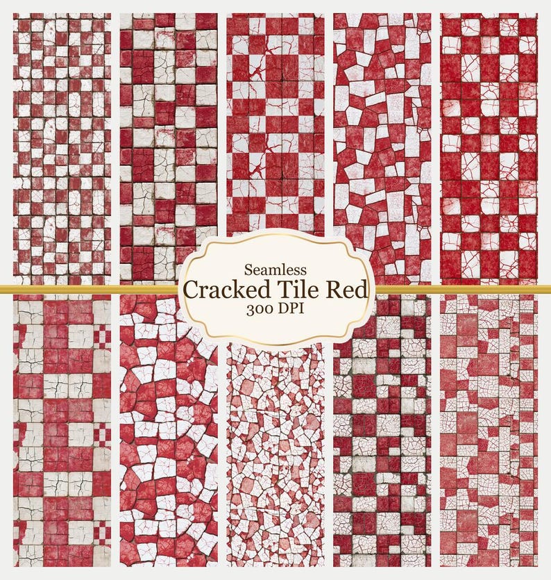 Red Cracked Tile Pattern | Seamless Aged Ceramic Digital Paper (1:6/1∶ ...
